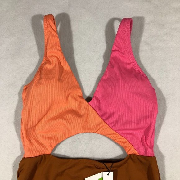 NEW Sanctuary Women Medium Color Block One Piece Swimsuit Pink Brown Orange $119 - Picture 2 of 11